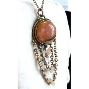 Silver Tone Pink Rhodochrosite & Quartz Dangle Pendant Necklace 16"